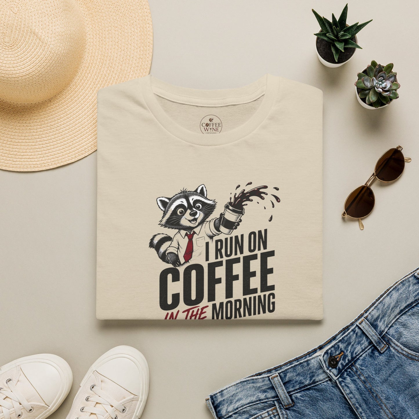 Coffee & Wine Raccoon T-Shirt — "I Run On Coffee In The Morning and Wine In The Evening"