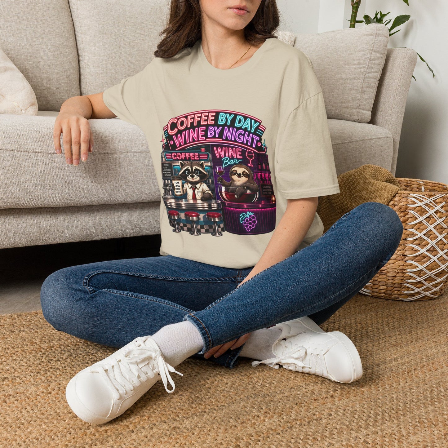 "I Run On Coffee In The Morning and Wine In The Evening" - Coffee & Wine Raccoon T-Shirt