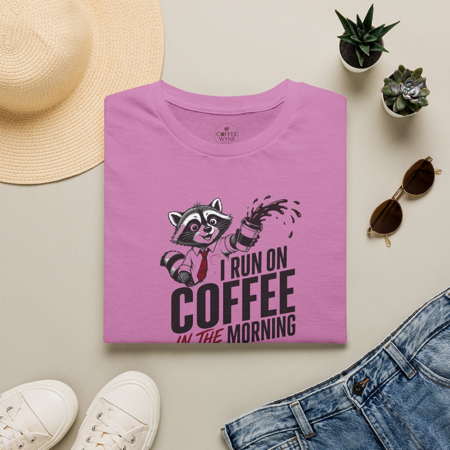 Coffee & Wine Raccoon T-Shirt — "I Run On Coffee In The Morning and Wine In The Evening"